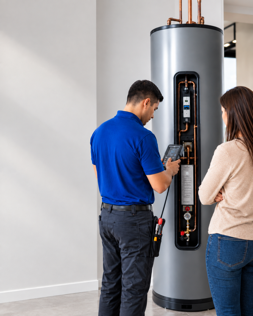 Plumber inspecting water heater with homeowner watching